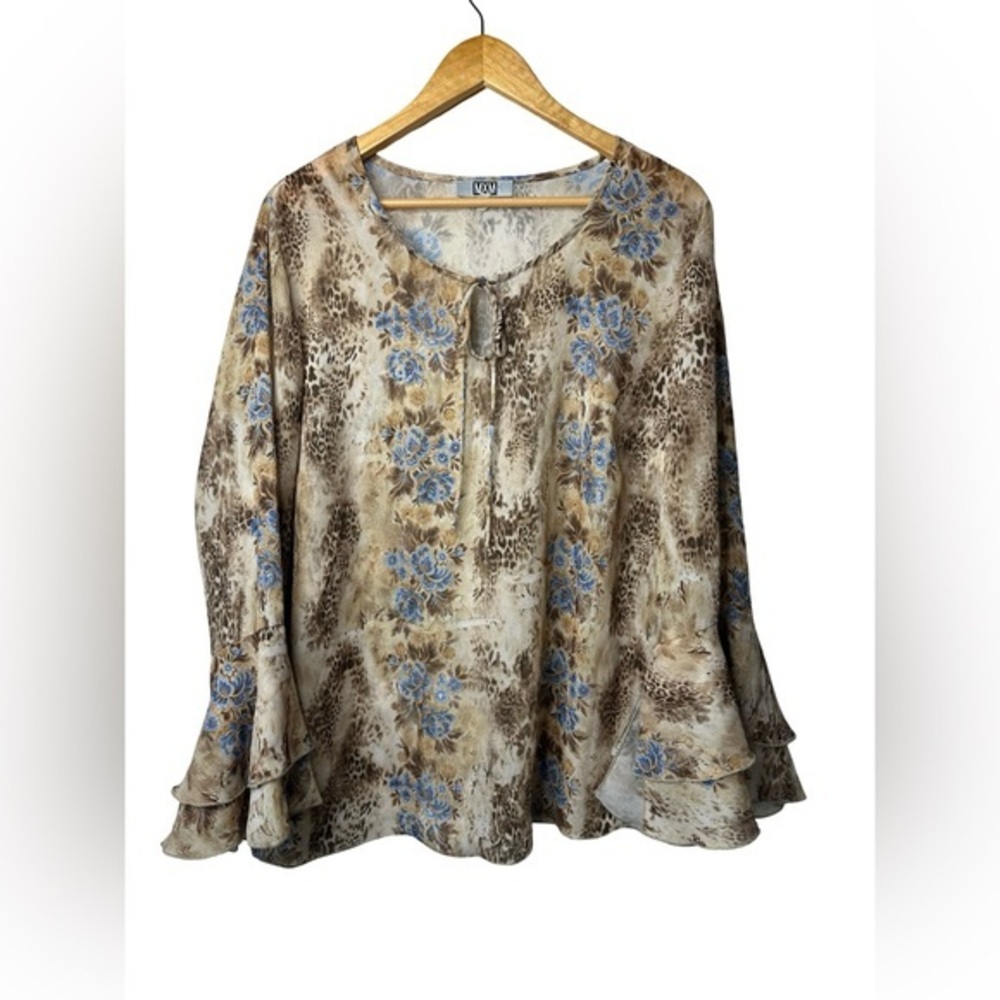 Vintage MXM Animal Print Floral Blouse Women’s Size 16 Bell Sleeve Tie Neck Top